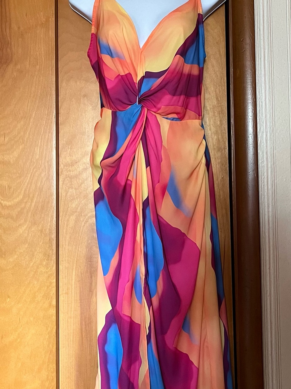 Twist-Front Maxi Dress in Multicolor Sunset Print